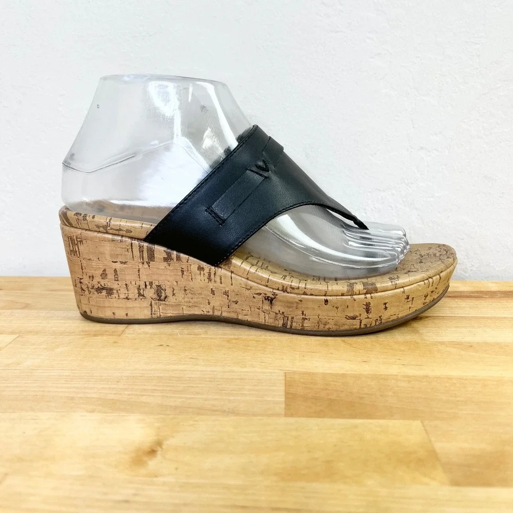 Vionic Sandals Cameron Wedge Womens Size 7 Black Cork Platform Orthotic Thong